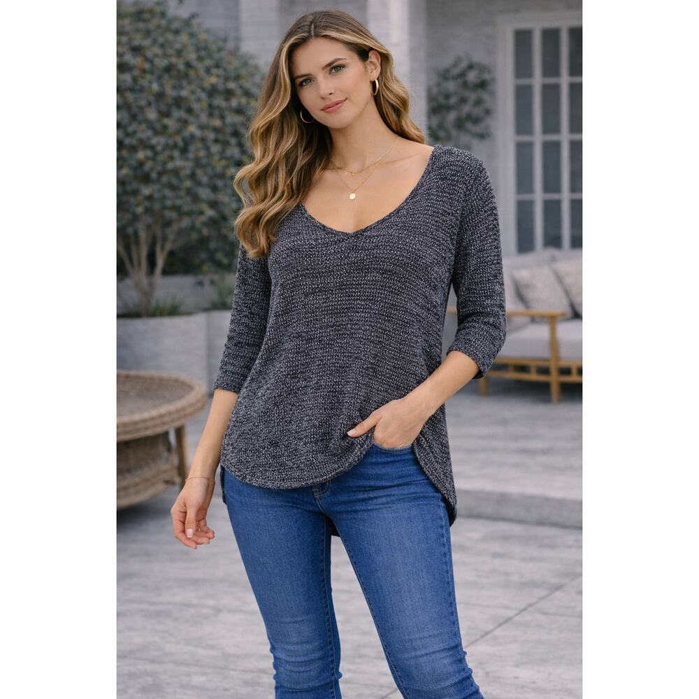 Express Marled Knit Hi-Low Scoop Neck Sweater Top Gray Black XS
